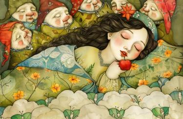 Ilustrace spící mladé ženy s dlouhými tmavými vlasy, která drží v ruce červené srdíčkovité ovoce. Je obklopená skupinkou malých, usměvavých postaviček v barevných čepicích. Scéna má jemné, pohádkové barvy a dekorativní rostlinné vzory na přikrývkách a pozadí.