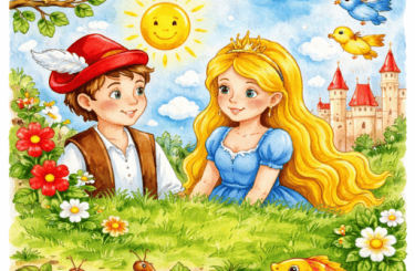 Ilustrace pohádkové scény: chlapec v červeném klobouku a dívka s korunkou sedí v trávě, usmívají se na sebe pod sluncem s obličejem. Kolem nich jsou květiny, ptáci, veverka na větvi, mravenci na zemi a rybník se zlatou rybkou. V pozadí stojí pohádkový hrad.